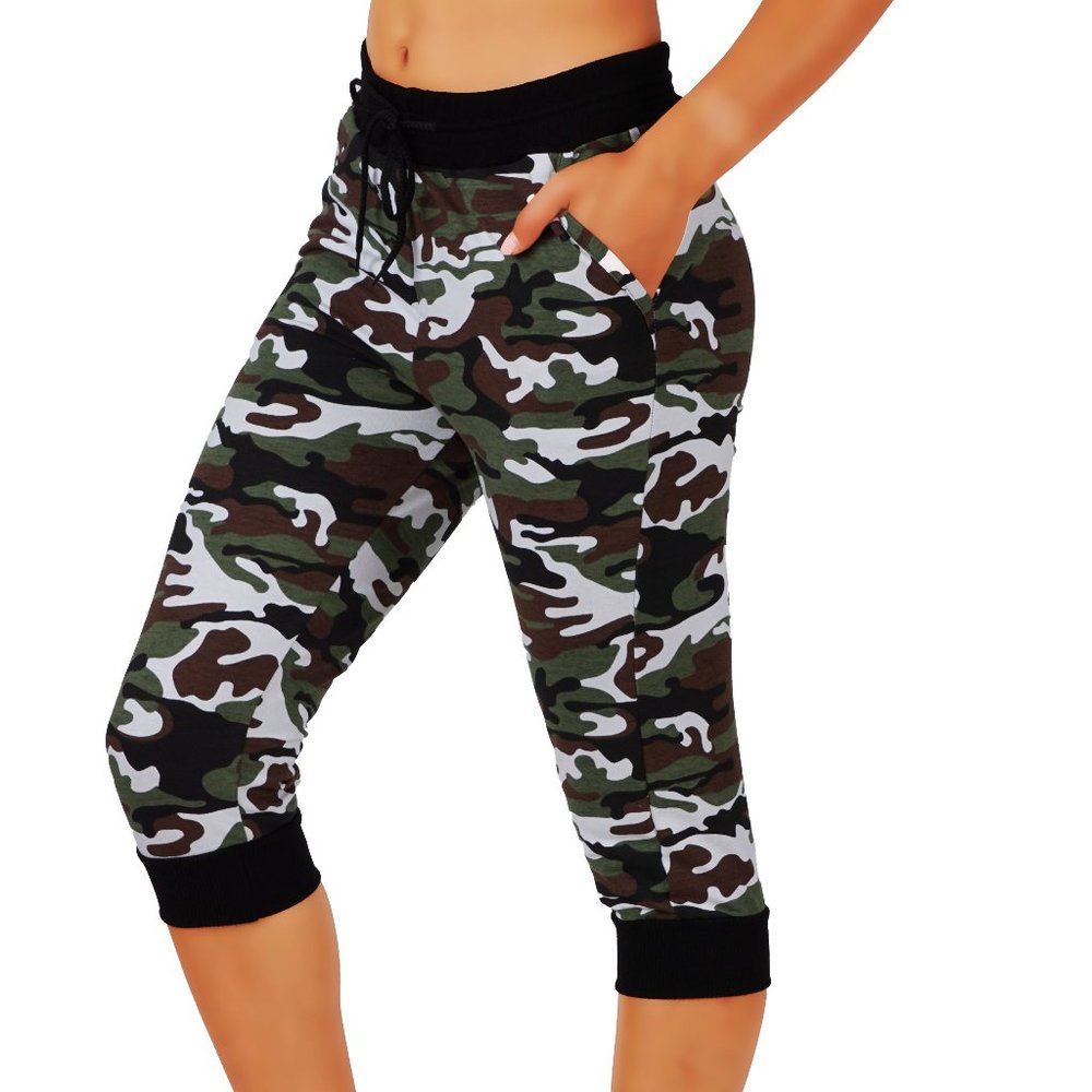4pcs Set Capri Cotton Camouflage Joggers Sweatpants Pockets & elastic waistband